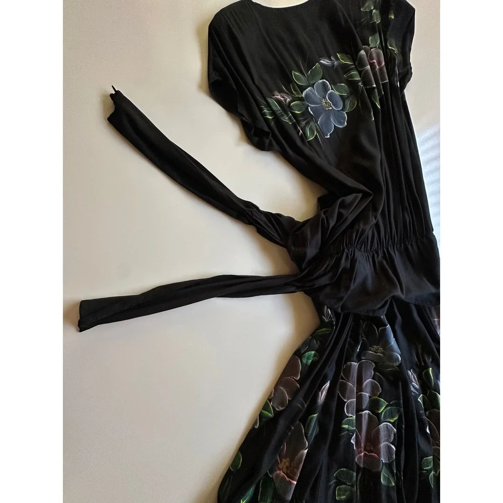 Phoenix‎ Vintage Hand Painted Floral Black Midi Dress Shoulder Pads Tie Waist OS